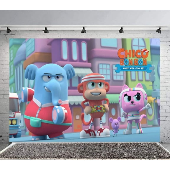 Chico Bon Bon Monkey with a Tool Belt Backdrop Banner Party Supplies Poster Movie Theme Background for Photography Birthday Decorations