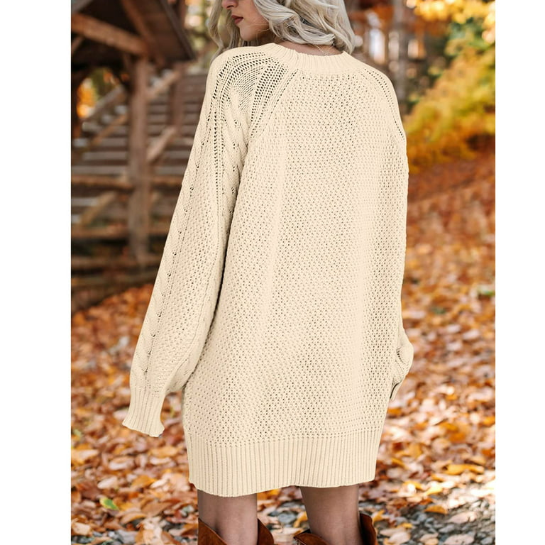 Women Crewneck Long Sleeve Slouchy Oversized Winter Casual Cable Knit  Chunky Pullover Short Tunic Sweater Dresses