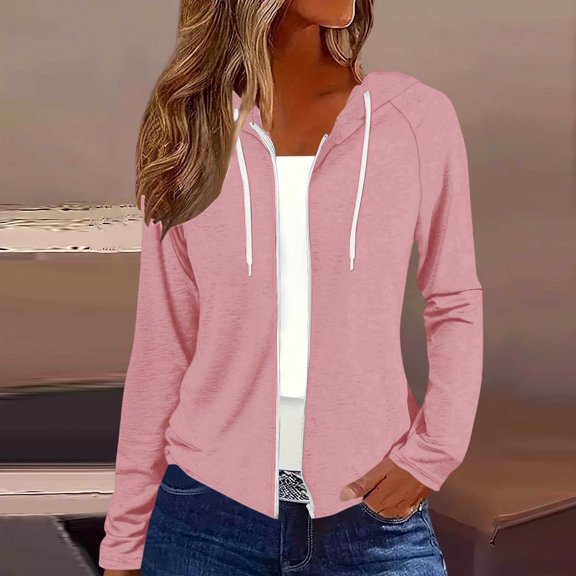IUYRTFE Women's Lightweight Zip Up Hoodie Long Sleeve Drawstring Casual Summer Solid Color Top with Pockets
