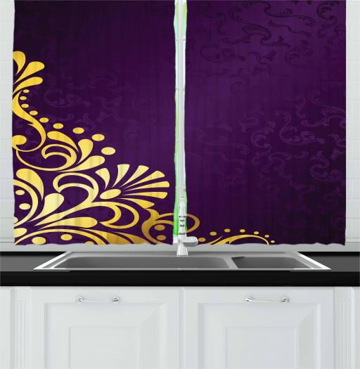 Yellow Damask Curtains 2 Panels Set Curvy Yellow Stems Ornament