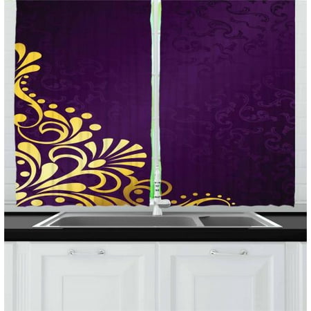 Yellow Damask Curtains 2 Panels Set Curvy Yellow Stems Ornament