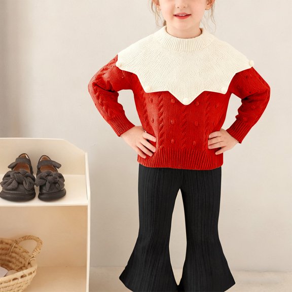 PInxai Fall Cute 2 Piece Sets for Girls Knitted Crew Neck Long Sleeve Tops Elastic Waisted Flare Leg Pants Fashion Clothing,Red,1-2 Years