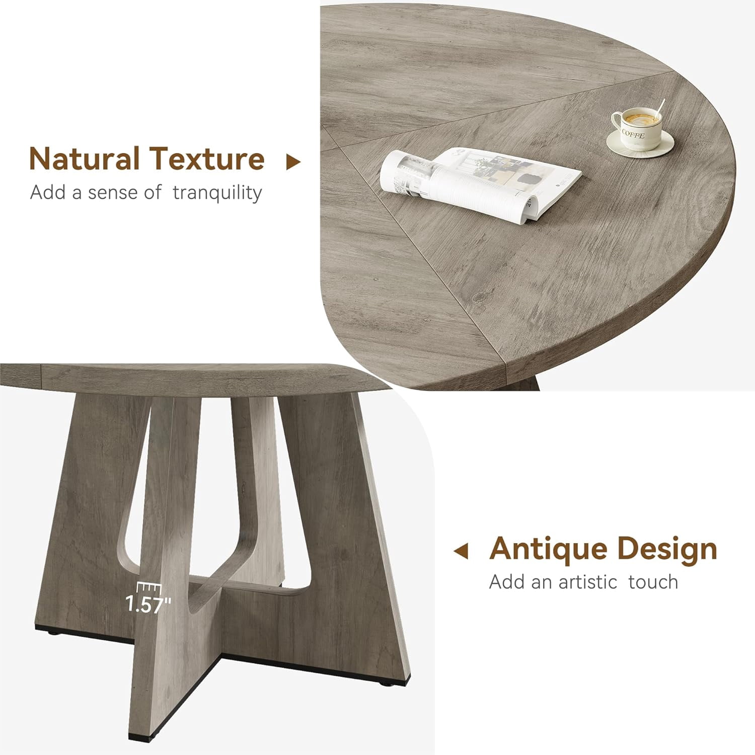 47" Round Dining Table Set for 4 to 6, Farmhouse Kitchen Table with Wooden Top and Pedestal Base, Circle Dinner Table for Dining Room, Kitchen Room - Grey (No Chairs)