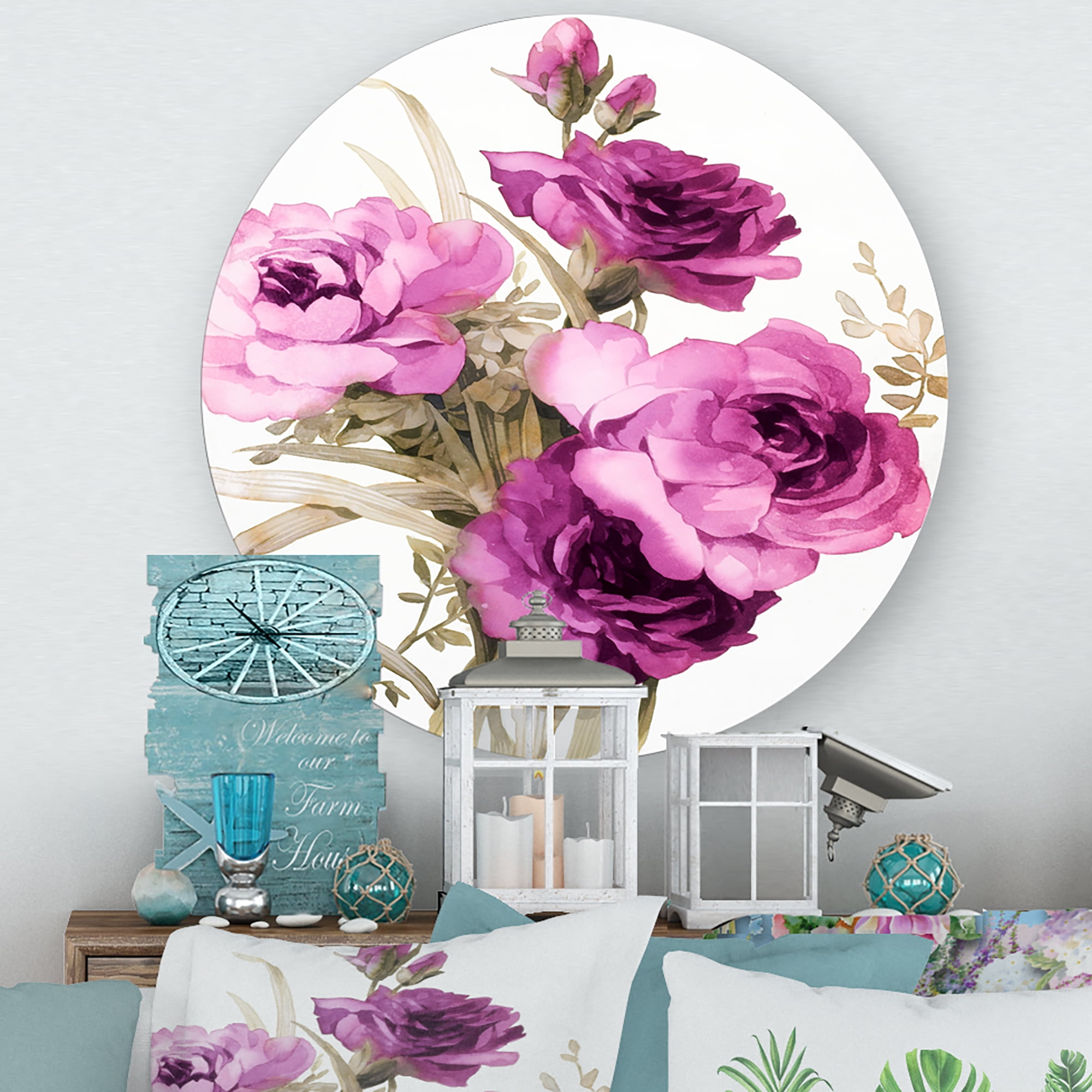 Designart 'Bouquet of Dark Pink Roses' Traditional Circle Metal Wall Art 11x11 - Disc of 11