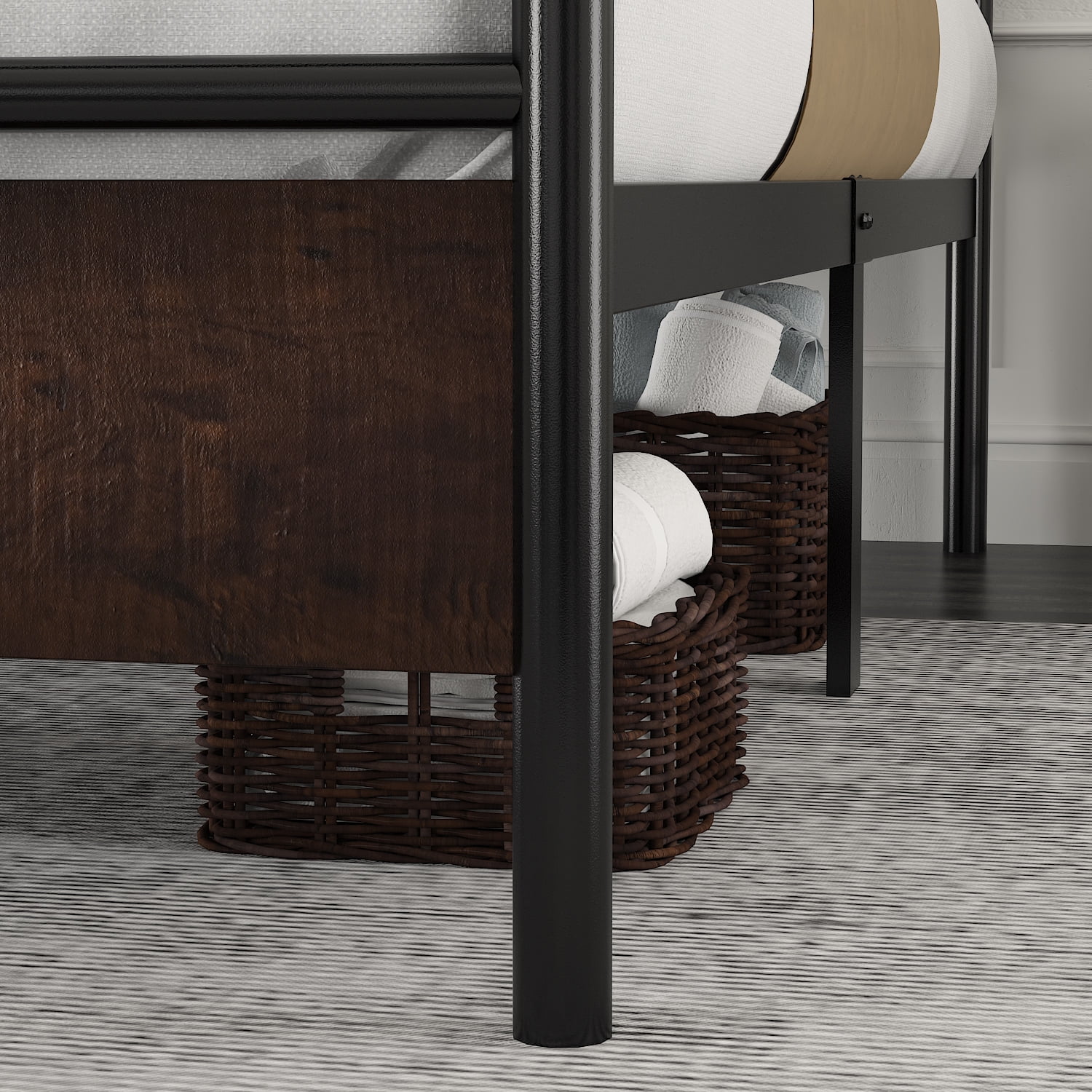 Amolife Queen Size Modern Heavy Duty Metal Platform Bed Frame with Modern Wood Headboard, Sanders, Dark Brown