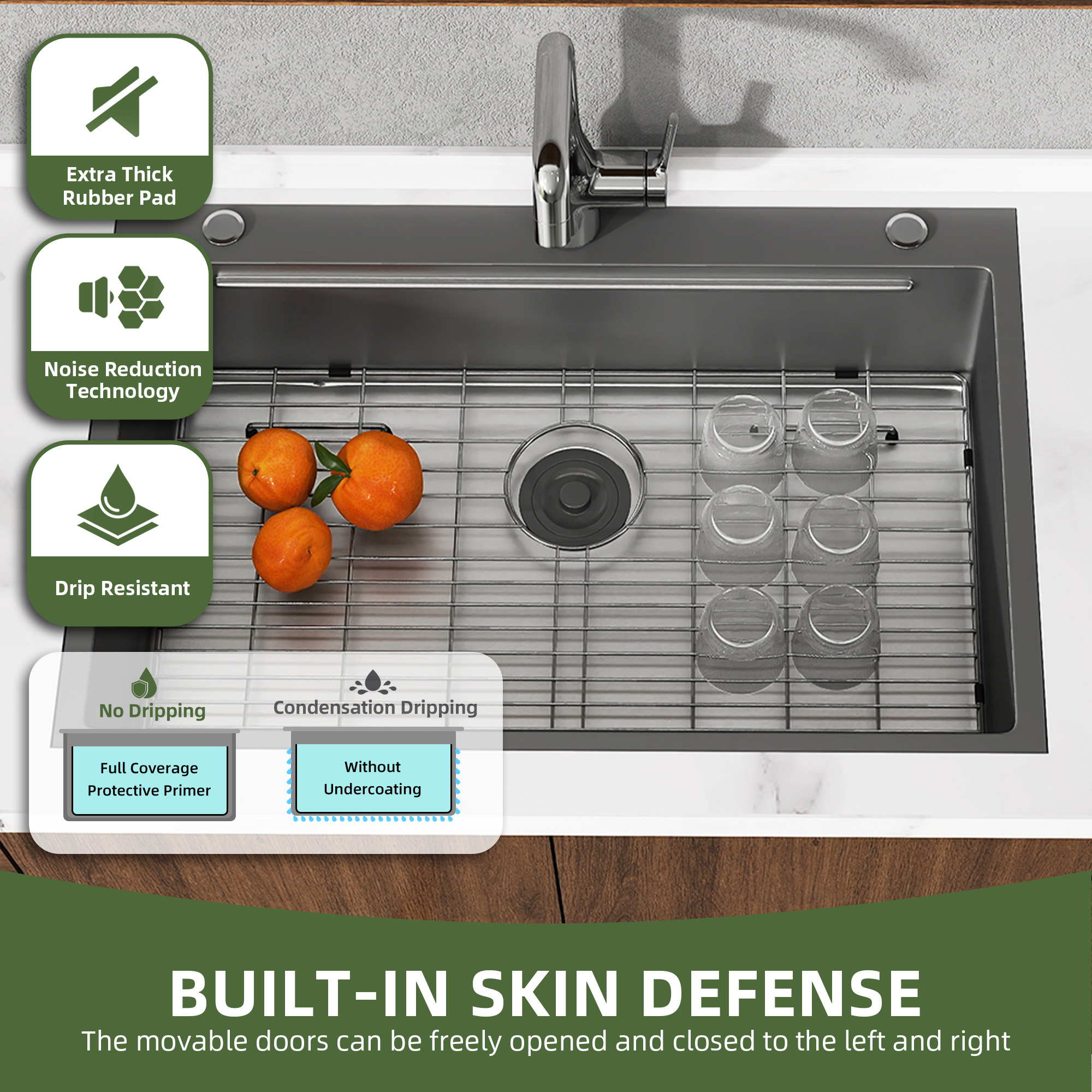 Uforic 33" Drop-In Black Stainless Steel Kitchen Sink, Single Bowl, Top Mount with Bottom Grid