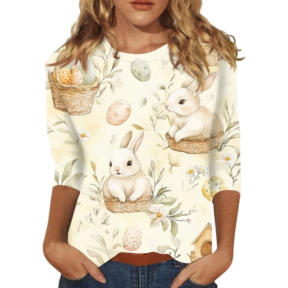 HAVUITYY Easter Printed 3/4 Sleeve Sweaters for Womens, Cute Bunny Eggs Pattern Crew-Neck Cotton Pullover, Spring Going Out Easter Women Tops for Wear & Gifts