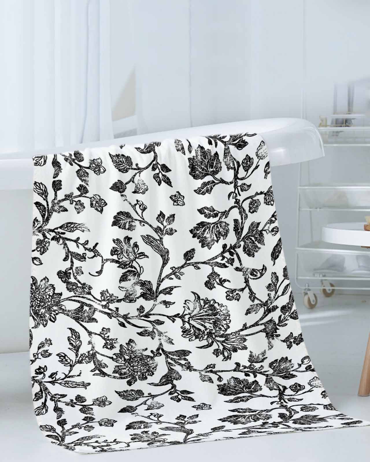 Black Flower Bath Towels for Bathroom Set,Luxury Microfiber Towels Gifts for Women,Beach Kitchen Hand Hair Face Towel and Dish Washcloth,Vintage Farmhouse Boho Leaf Spring Plant Towels+Set