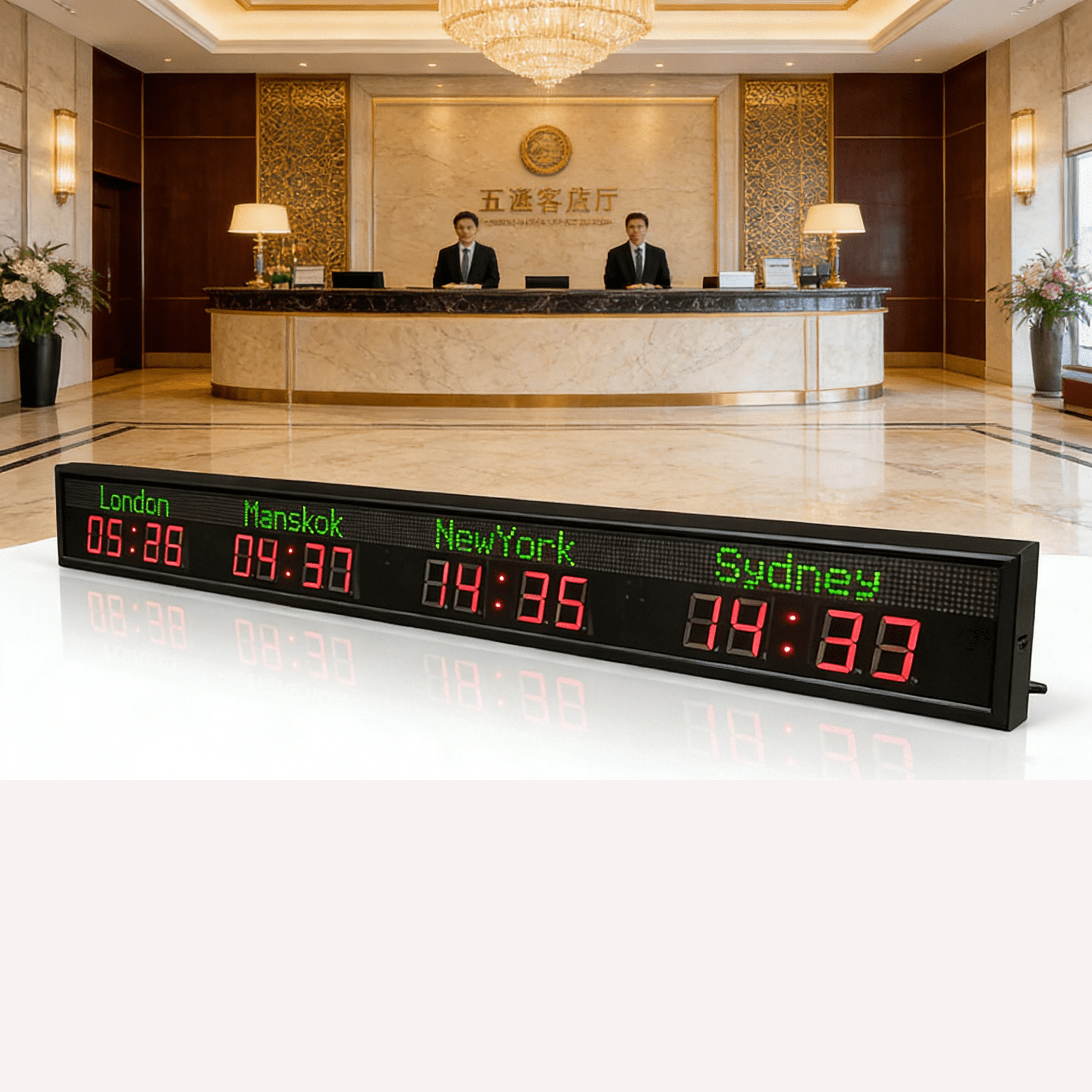 4 City LED World Wall Clock, Digital Time Zone Display with 5-Level Brightness, Adjustable City Names, NTP Sync, for Hotel Airport Office Multinational Enterprise, 140° View Angle, Red LED Time
