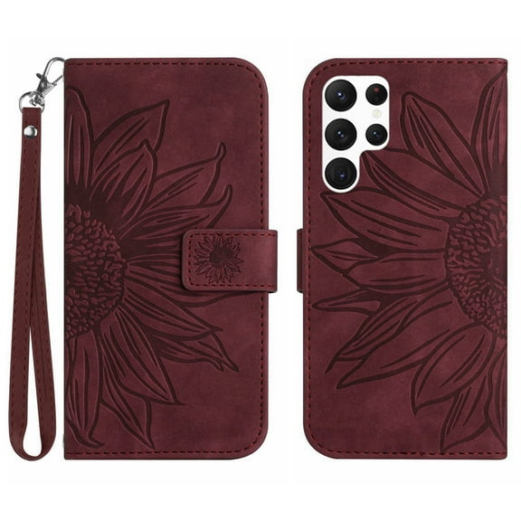 Allytech for Samsung Galaxy S23 Ultra 5G Case 2023, Embossed Sunflower PU Leather & TPU Anti-Scratch Shockproof Magnetic Button Protective Kickstand Case for Galaxy S23 Ultra (6.8 inch), Winered