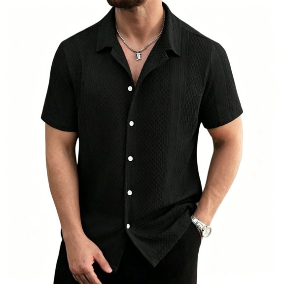 Mens Knit Button Down Shirts Casual Textured Shirt Short Sleeve Vintage Summer Beach Tops Black L