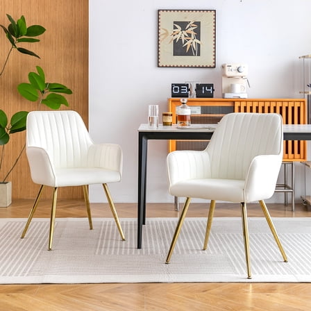 Faux Leather Dining Chair Set of 2 - Modern Mid-Back Accent Chairs with Gold Plating Legs - Upholstered Living Room Chairs (White, Set of 2)