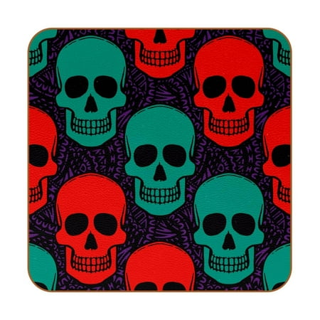 

OWNTA Boho Punk Red and Green Skull Head Pattern Premium 6-Piece Square Coaster Set in Microfiber Leather - Non-Slip & Absorbent Cup Mats