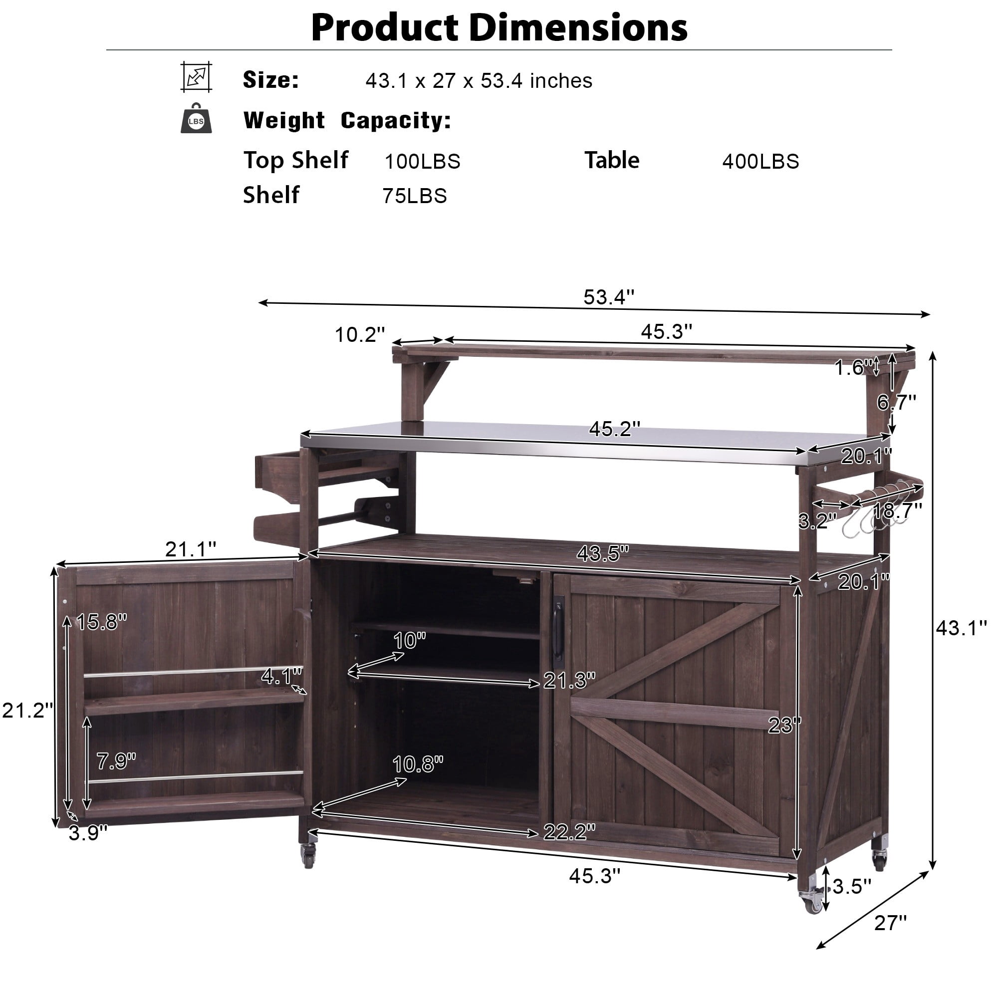 DEALTOPS Outdoor Kitchen Island Storage Cart with Raised Shelf and Stainless Steel Top, Grill Prep Cart BBQ Station, Rustic Brown