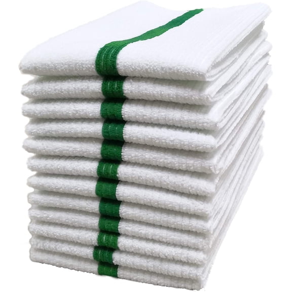 Microfiber All-Purpose Ribbed Terry Bar Mop Towel for Home, Kitchen, Restaurant Cleaning (14x17, White w/Green Stripe) 12 Pack
