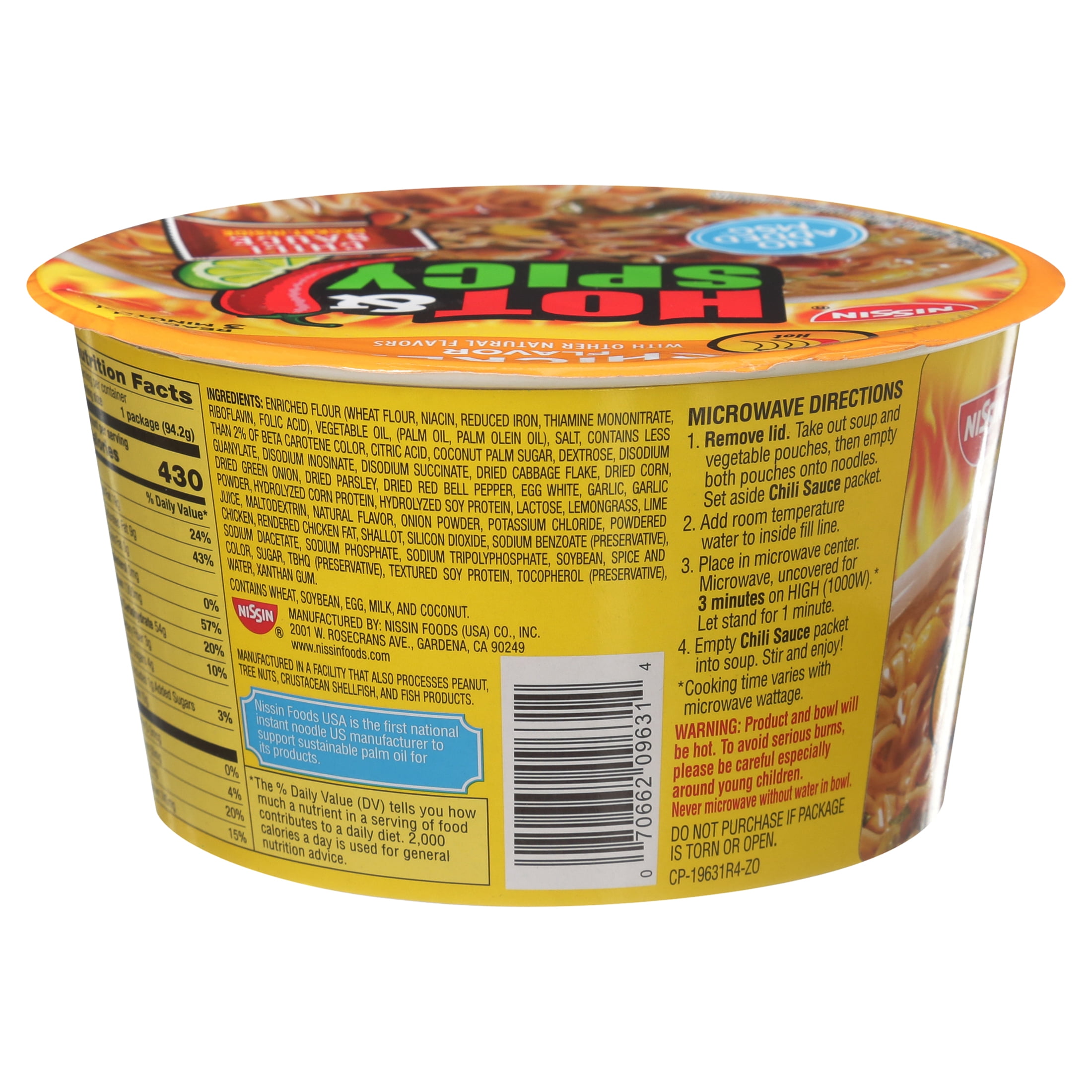 Nissin Bowl Noodles Hot & Spicy Chicken Flavor Ramen Noodle Soup, 3.32 oz (Pack of 8)