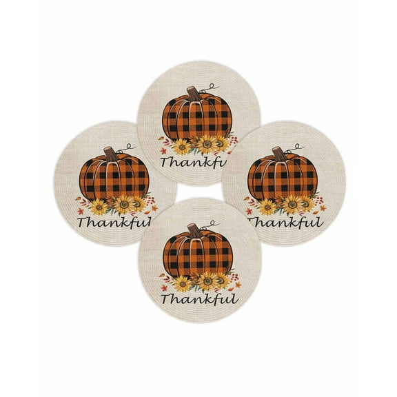 Fall Round Placemats Set of 4 Orange Plaid Pumpkin Place Mats Thanksgiving Woven Placemat Sunflower Leaves Linen Thankful Circle Braided Table Mat for Kitchen Dining Table Party Home Decor 15 Inch