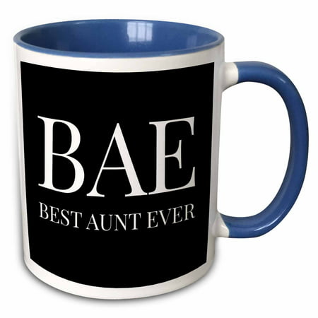 3dRose Bae, best aunt ever, white letters on a black background - Two Tone Blue Mug,