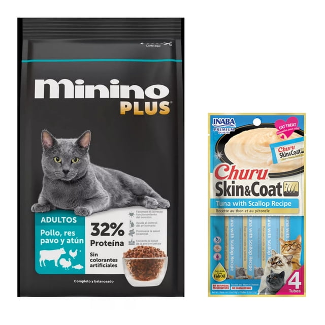 Minino Plus 10 kg + Churu Skin & Coat Atún y Vieira Snack 4 Tubos De 14 G