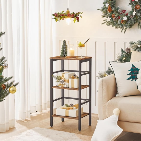 3 Tier Narrow Bookshelf, Skinny Book Shelf, Record Storage Rack with Side Fence, Wooden F-Standing Shelf Units, Display Shelf for Living Room, Bedroom, Classroom, Rustic Brown BF80CJ01G1