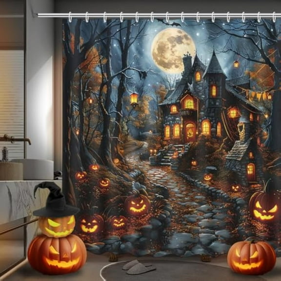 Halloween Shower Curtain Scary Haunted House Evil Pumpkin Shower Curtains for Bathroom Halloween Full Moon Night Horror Castle Forest Bathtub Decorative Waterproof Fabric 72x72 Inch