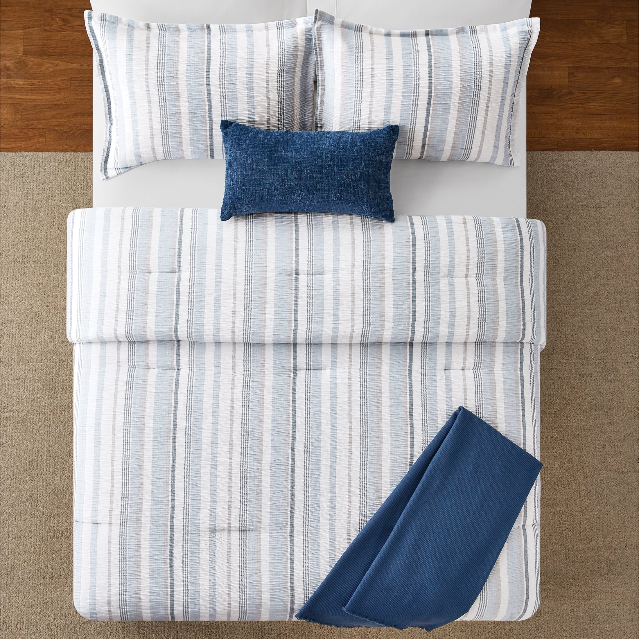 Mainstays Full/Queen 5-Piece All-Season Comforter Set, Blue Yarn Dyed Stripe