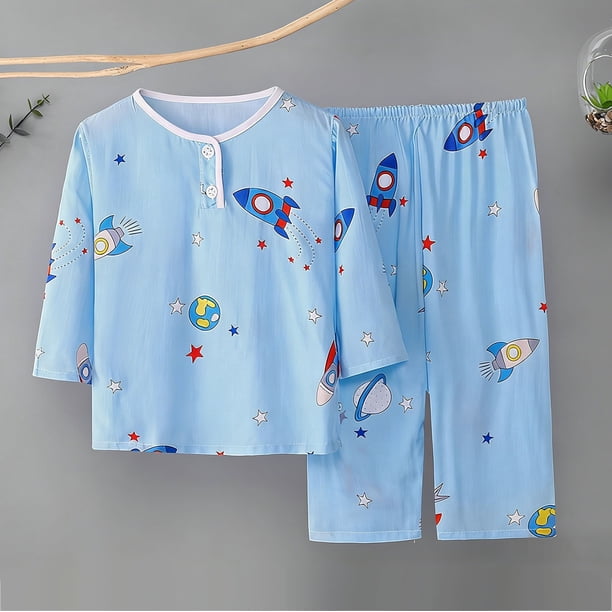 Conjuntos de blusas y camisas de cuello redondo y manga corta para niños de verano, ropa de casa estampada de manga corta para niños y niñas.