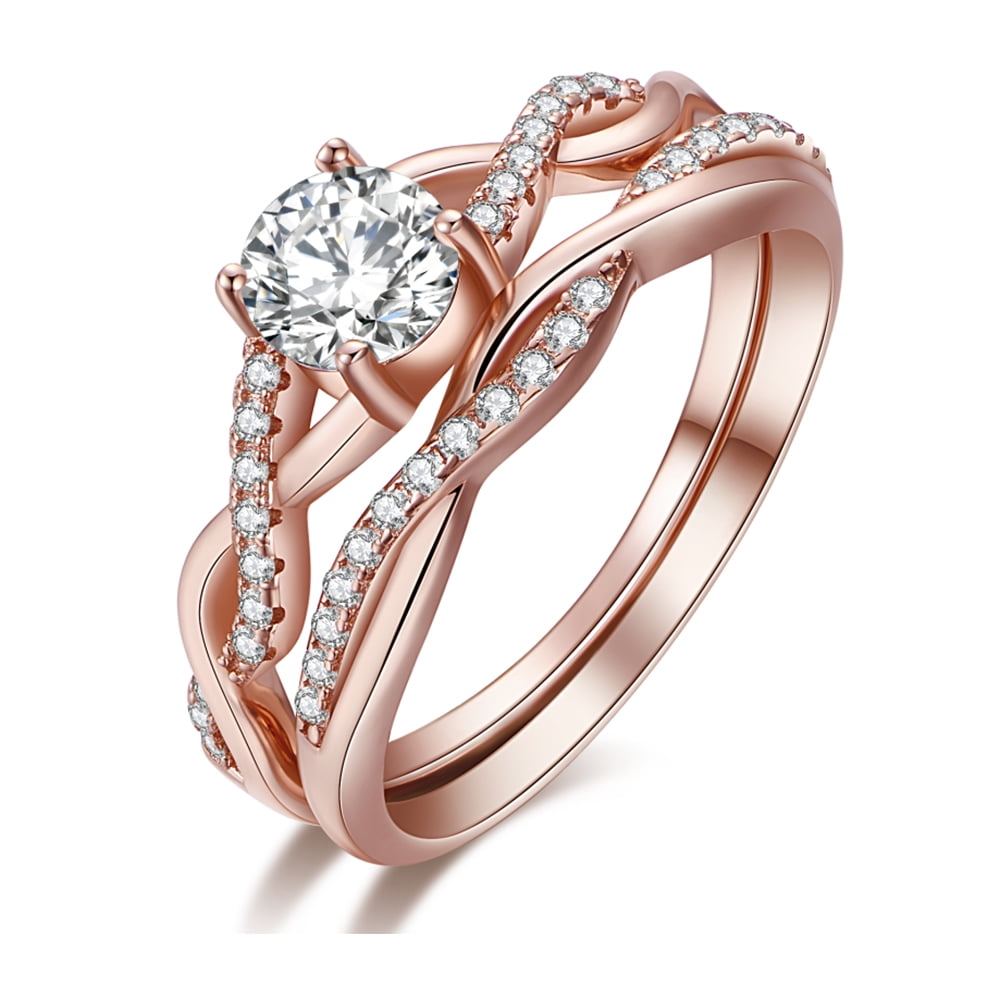 OUTA 2PCS Rose Gold Ring Eternal Engagement Female Ring Set Anniversary Diamond Rings Decoration Ring Gold Plated Sterling Silver Sparkling Crystal Ring 
