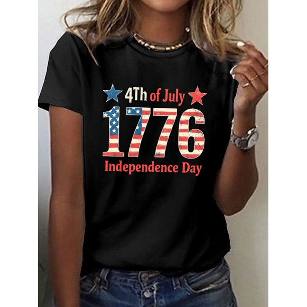 Women's 1776 American Flag 4th of July Patriotic Print Independence -Shirt - Short Sleeve Crew Neck Casual Top, Breathable Medium Stretch Fabric, Holiday Celebration Shirt