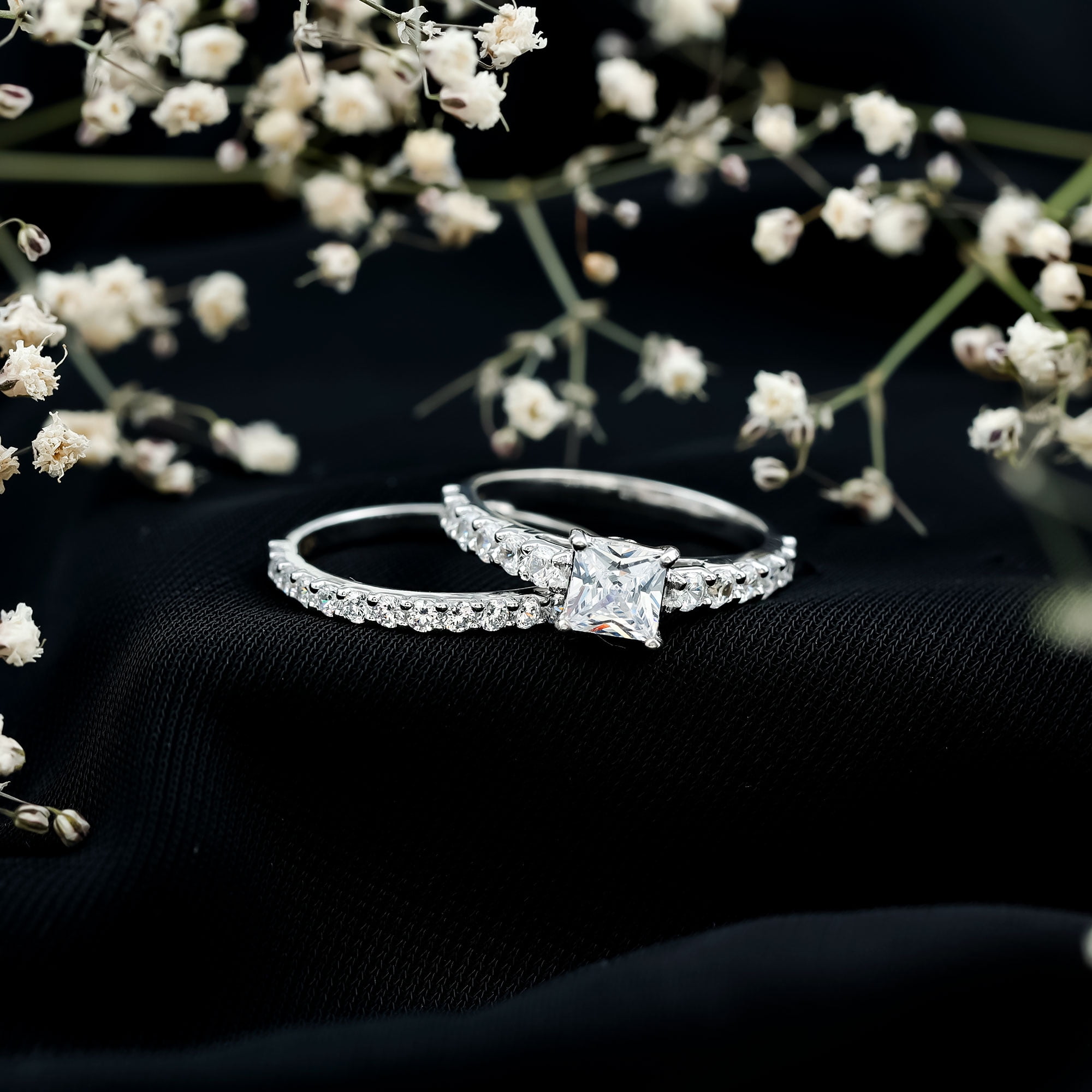 Rosec Jewels Cubic Zirconia Wedding Ring Set for Bride - 1 Carat Princess Cut Engagement Ring with Enhancer - Jewelry Box Included, 10K White Gold, US 13.00