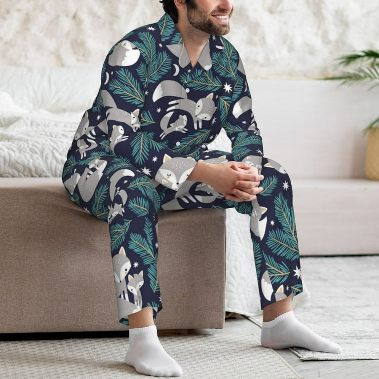 Mens Pajamas Set, Gray Fox Green Leaf Button Down Long Sleeve