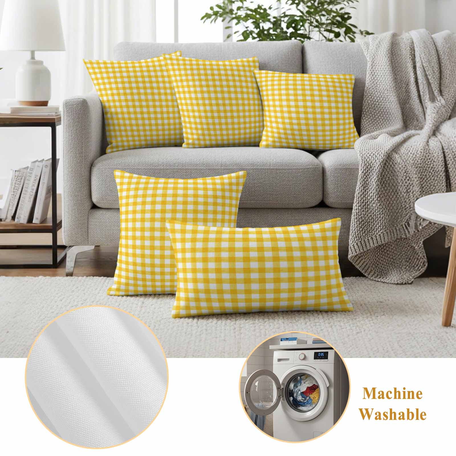 Pack of 2 Outdoor Pillow Covers,Waterproof Yellow Throw Pillow Covers,Country French Rustic Buffalo Plaid Modern Art Decorative Pillowcases Cushion Covers for Couch Pillow Sham Protector 24x24 Inch