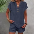 thumbnail image 3 of 2 Piece Short Sets for Women Linen Short Sleeve Outfits Casual Summer Shorts Set with Pockets,Navy M, 3 of 6