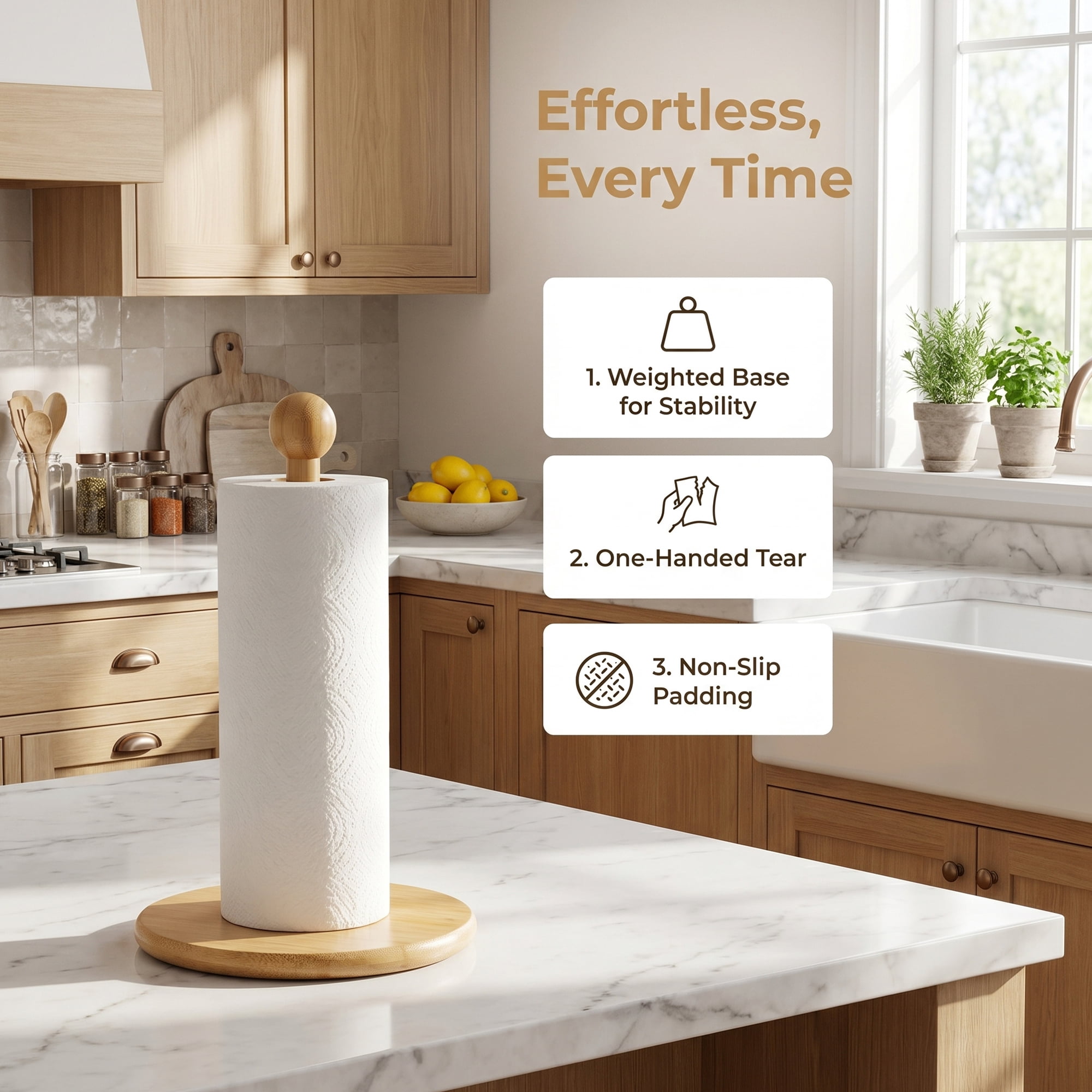 Unique Bargains Paper Towel Holder Countertop Durable Base Wood Natural B 11.6x6.3inch