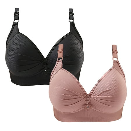 Crunowin Wireless Bra 2Pc Women s Plus Size  Solid Color Non-Steel Ring Gathering Casual Comfort Bras Pink 48/110BC