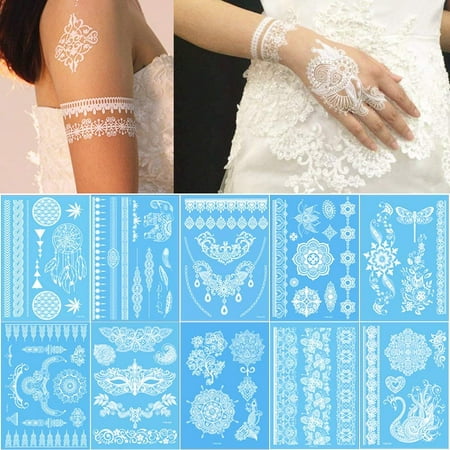 Lady Up 10 Sheets White Henna Temporary Tattoos Body Art Stickers for Women Teens Girls Necklace Bracelets Patterns 210 x