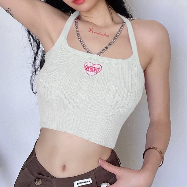 VISgogo - Camisola ajustada de punto con bordado de corazón sin mangas para mujer VISgogo moda