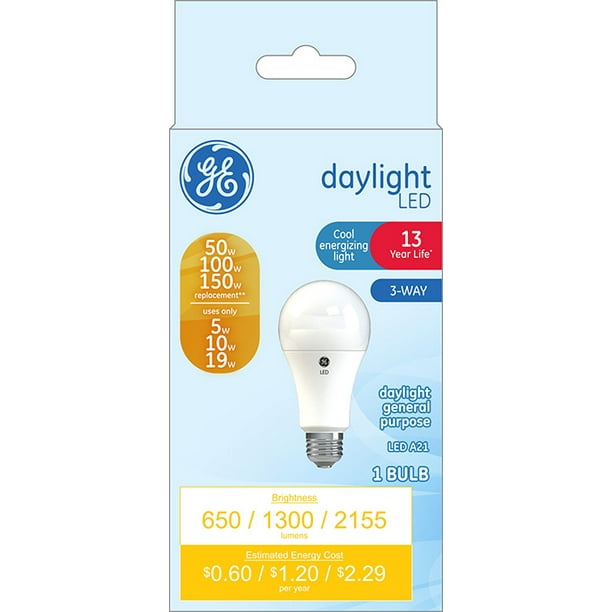 GE LED 5W/10W/19W (50W100W150W Equivalent) Daylight Color, 3Way