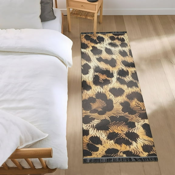 Leopard Fur Print Bedside Runner Rug 2'x 6' Non Slip Carpet Floor Mat Area Rug