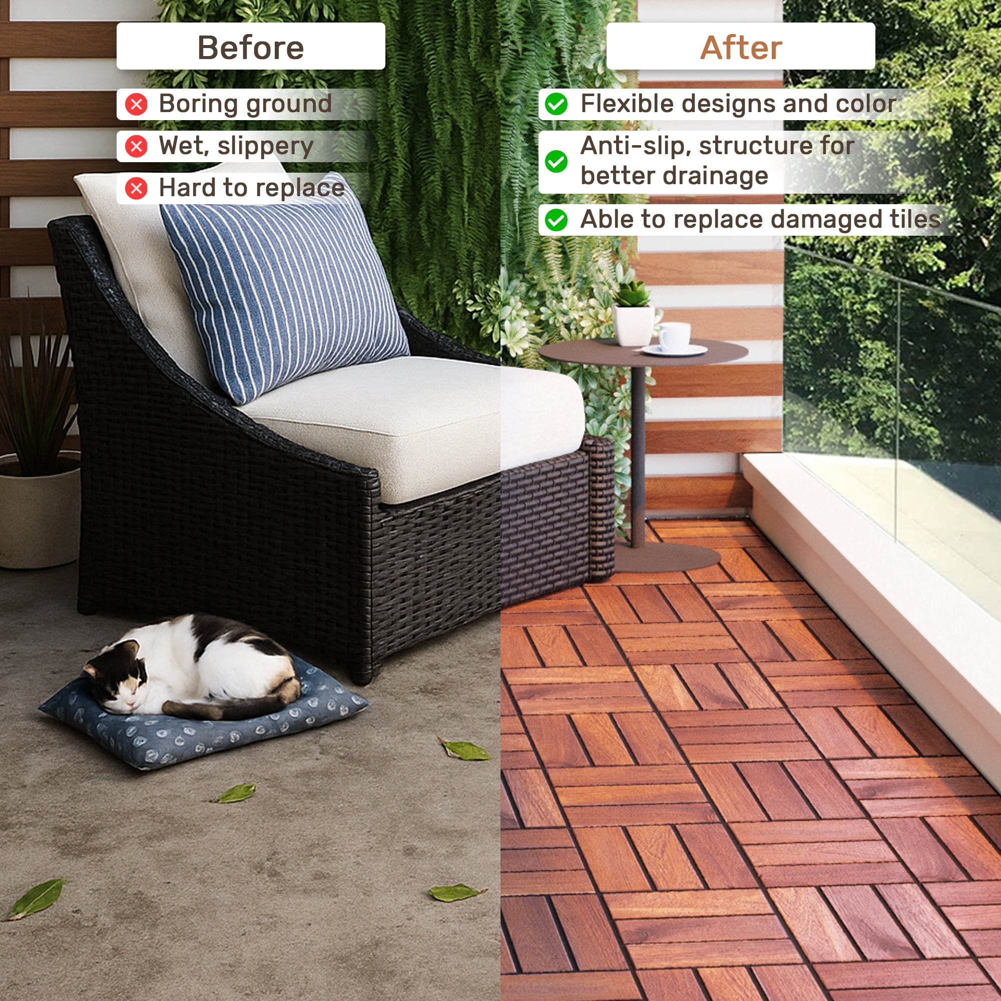 Acacia Wood Deck Tiles, 30 PCS 12x12 Inch Checker Interlocking Floor Tiles for Patio Garden Outdoor Space, Natural