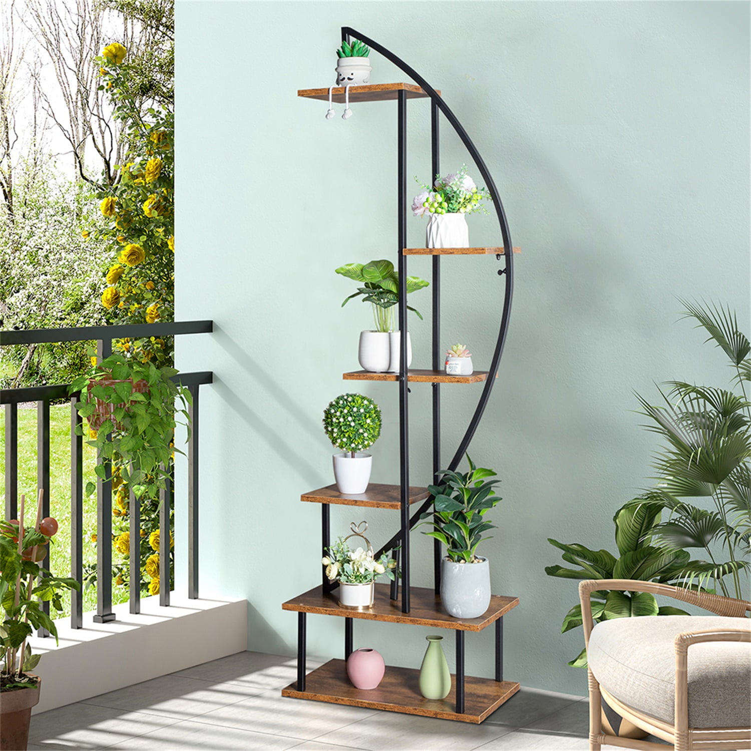 Kepooman 2pcs 6-Tier Plant Stand, Half Moon Shape Ladder Plant Stands for Garden Balcony, Black Display Shelf