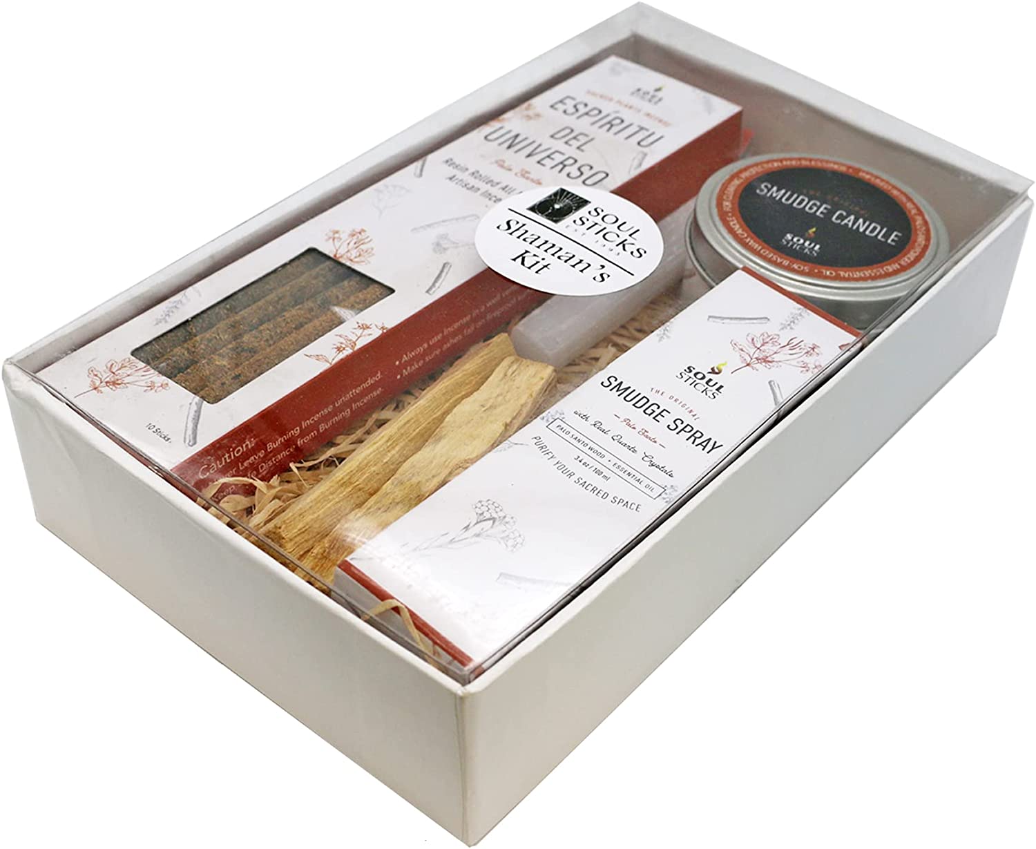 Soul Sticks Shaman's Kit Palo Santo Gift Set with Espiritu Incense Sticks, Sage Smudge Stick, Smudge Candle, Smudge Spray, 4" Selenite Wand in White Gift Box
