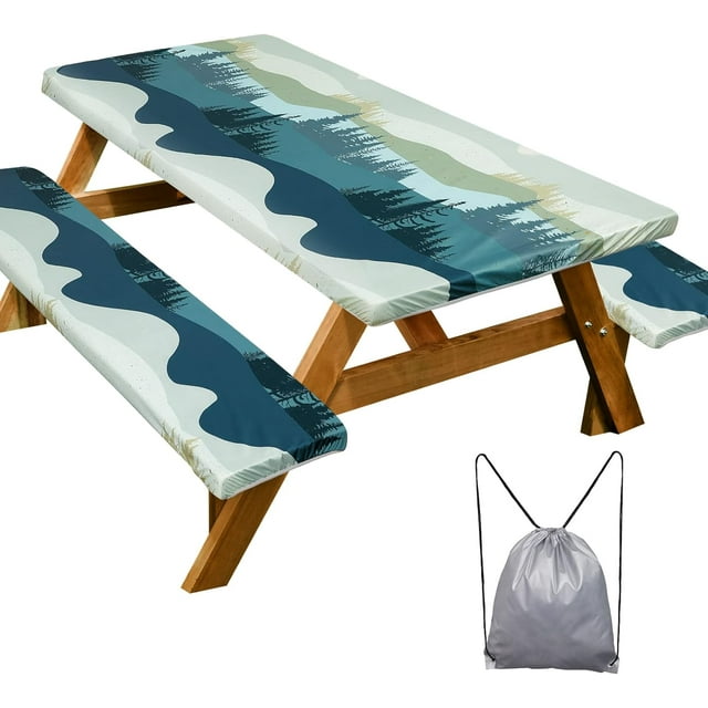 6ft Polyester Picnic Table Cover With Bench Covers, Elastic All Around, Waterproof Windproof Camping Tablecloth With Drawstring Bag