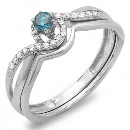 - 0.25 Carat (ctw) 14k White Gold Blue And White Diamond Swirl Crossover Bridal Engagement Ring Set 1/4 CT