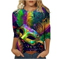 thumbnail image 2 of AGWOLF Mardi Gras Outfit for Women 3/4 Length Sleeve Mask Graphic Carnival Tee Blouses Fashion Round Neck Funny 3D Print Holiday Tops, 2 of 5