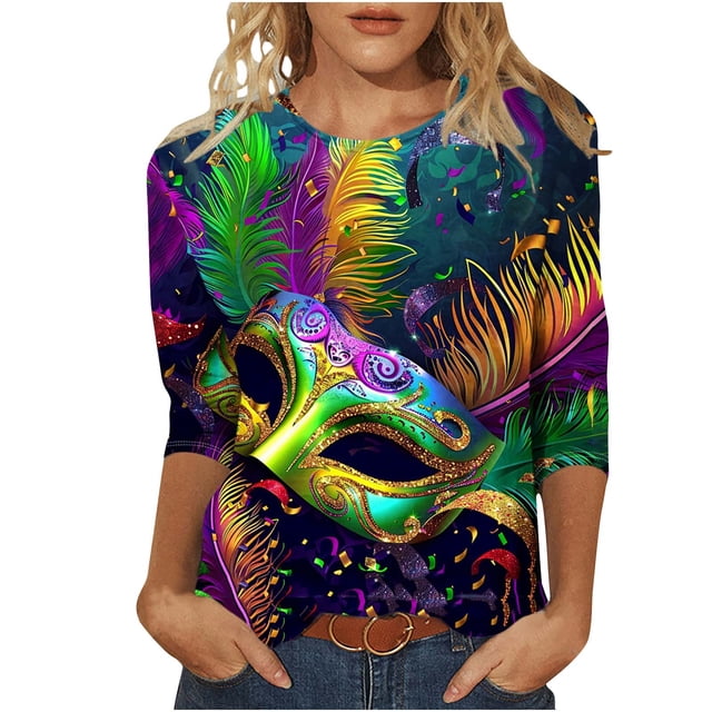 Penkiiy Blouse Carnaval pour Femmes Mardi Gras Mode Imprimée Décontractée Col Rond Manches 3/4 T-shirt Blouse 3TG Multicolore