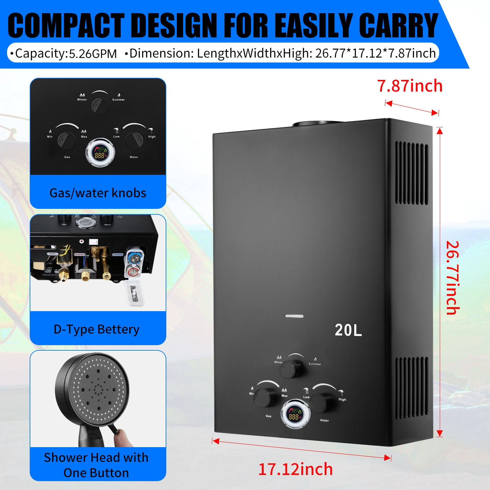 20L Tankless Propane Water Heater 5.26GPM, Outdoor Portable Instant Hot Water Heater with Digital Display & Multiple Protections for Camping, RVs, Boat Cabins & Outdoor Use