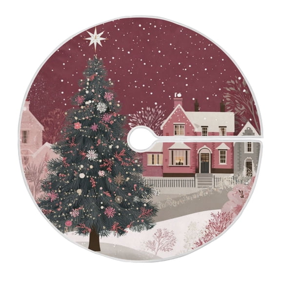 Christmas Tree Skirt 35.4 Inch Pink Christmas Trees and Houses Tree Skirt Christmas Tree Mat Decor for Christmas Party Ornaments Decorations