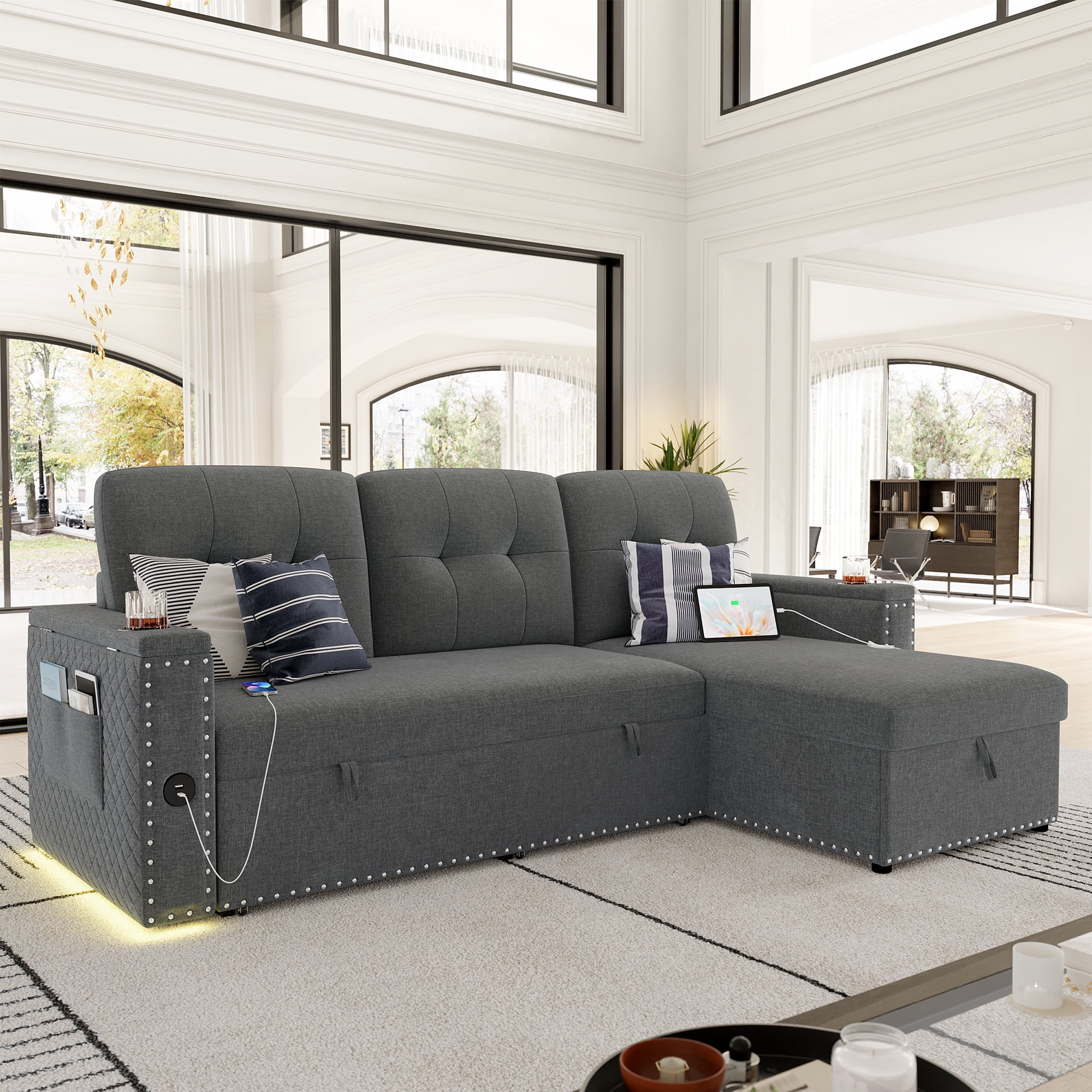 Homfa Gray Sofa Bed with Storage & USB Charging Port, L Shaped Sofa Bed Couches with Storage & Pull out Bed for Living Room
