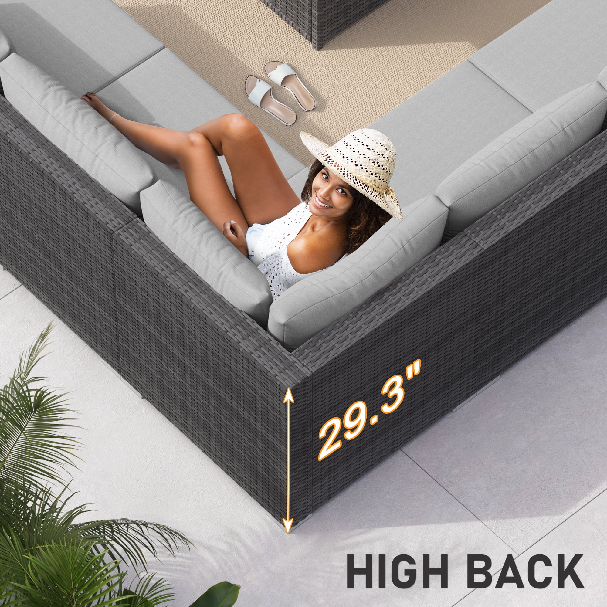 RADIATA 12-Piece Patio Furniture Set with Fire Pit Table, Outdoor Sectional with 43" 60000 BTU Firepit Table, Double Chaise Lounge, High Back Wicker Outdoor Sectional with Fire Pit Set,Light Gray